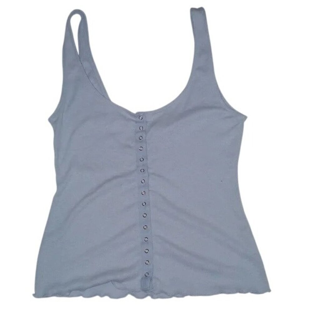 Free People Tellin Me Pastel Blue Ribbed Snap Front Tank Top - Picture 6 of 9